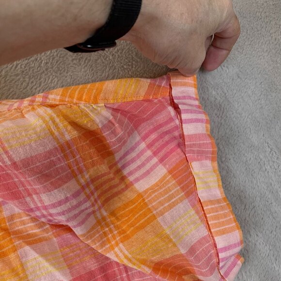 Time & Tru Women's Linen Blend Shirt L Plaid Button-Up Pink Orange Short Sleeve - Picture 8 of 14